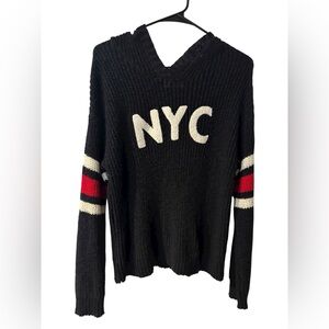 Justice Black V-Neck Knit Hoodie VarsitySweater with NYC Design Size 18/20